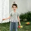 Camiseta de Manga Corta para Niña Ropa de Verano Camisa Base Elegante de Encaje Patchwork para Niños Top Casual de Bebé Niña Verano