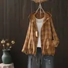 Roupas Outono 2025 Estilo Literário Xadrez Estampado com Capuz Solta Feminina Camisa de Fio Dupla Camada Jaqueta Fina Feminina Atacado