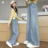 Calças para Meninas Outono/Inverno 2026 Novo Estilo para Crianças de Meia-Idade e Mais Velhas Calças de Perna Reta Jeans para Meninas Calças Casuais de Perna Larga