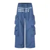 Calça Funcional de Trabalho com Múltiplos Bolsos Masculina Vibe Marca Moderna High Street Estampa de Letras Senso de Design Nicho Perna Larga Perna Reta Calça Longa