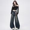 Estilo de Hong Kong Retrô Americano Tendência de Garota Popular Outono 2025 Novos Calças de Pernas Largas Calças Retas Jeans Feminino Denim Algodão