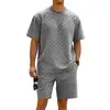 Conjunto de camiseta e shorts masculinos de verão xadrez, manga curta, peso pesado, corte solto, ombro caído, gola redonda, casual, da Amazon, para exportação