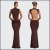 Vestido feminino elegante e versátil com gola semialta, sem mangas, caimento justo, design vazado, sexy, moderno, que revela a cintura, costas abertas, longo