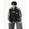 Sudadera con Capucha de Estilo Universitario a Rayas de Peso Pesado para Hombres y Mujeres Otoño Tendencia Marca Bloque de Color Chaqueta Casual Ropa Exterior Cárdigan Suelto Desconstruido
