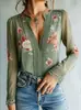 Camisa Estampada de Manga Larga con Cuello en V Elegante de Color Sólido para Mujer, Disponible en Stock, Versátil para el Uso Diario, Lujo Ligero, Alta Calidad