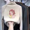 Camiseta base casual de forro polar con cuello alto medio para niña para otoño e invierno, ropa interior cálida de manga larga con forro de forro polar de dibujos animados para niños mayores
