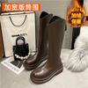 Botas largas de mujer otoño e invierno nuevas con forro polar, parte inferior gruesa, boca en V, circunferencia de tubo grande ensanchada, botas altas de caballero gordas