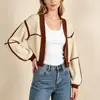 Suéter Corto de Punto para Mujer Otoño e Invierno de Comercio Exterior Europeo y Americano Chaqueta Cardigan de Punto Tejido con Bloques de Color Holgado de Manga Larga para Mujer