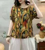 Camiseta artística de algodão e linho, top feminino colorido, solto, casual, retrô, viajante, verão, manga curta, estampado, camiseta da moda