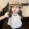 Conjunto de Niña 2026 Verano Nuevo Estilo Bordado Floral Infantil Holgado Línea A Camisa Muñeca Shorts de Encaje Color Sólido Moderno
