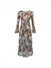 Vestido de Malla Estampado de Manga Larga, Moderno y Sexy, Estilo Europeo y Americano, Otoño, Ceñido a la Cintura, Corte Entallado, Elegante Vestido Largo de Tirantes Finos, Conjunto de Dos Piezas