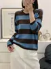 Suéter tejido casual de lana fina estilo coreano, corte holgado, a rayas para mujer, nuevo top casual versátil de cuello redondo para otoño