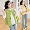 Conjunto de Duas Peças Casual Solto de Algodão Puro com Manga Longa + Colete Vazado Colorido Estilo Coreano Tendência Mãe Primavera 2026