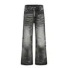 Jeans de mezclilla lavados y desgastados estilo americano, ropa urbana para hombre, corte holgado, acabado deslavado, con detalles plisados, estilo básico, ligeramente acampanados, pierna ancha, pantalones largos