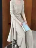 Lu Xi Conjunto de Duas Peças Primavera 2025 T-shirt Preguiçosa de Comprimento Médio com Alça e Fenda + Calça de Cintura Alta Wide-Leg que Arasta no Chão 2816