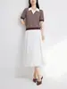 JE Order Suéter de Punto de Manga Corta con Rayas Contrastantes para Mujer 2026 Nuevo Llegado de Verano Top Falso de Dos Piezas con Cuello Polo