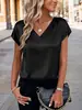 Camiseta de Cetim Transfronteiriça Europeia e Americana da Amazon Primavera e Verão Nova Cor Pura Feminina Casual com Decote V Pulôver para Mulheres