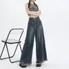 Jeans Feminino Wide Leg Retrô com Barra Desfiada Outono 2024 Novo Cintura Alta Pequena Solto Calça Caída