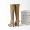 Botas longas elegantes estilo coreano de couro macio com salto fino e zíper nas costas, justas, bico fino, over-the-knee, altura média, elásticas