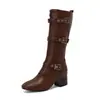 Botas de mujer de otoño e invierno de punta cuadrada, tacón medio, caña alta, con hebilla de cinturón, talla grande, transfronterizas T106-3