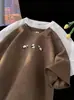 Camiseta de Manga Corta con Estampado de Panda Rojo tipo Waffle para Hombre, Nueva Tendencia de Verano Juvenil, Casual Holgada de Media Manga
