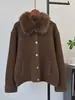Otoño/Invierno 2026 Nuevo Estilo Cuello de Piel Diseño de Puntada de Contraste Suéter de Lana de Doble Cara Cardigan Suelto Casual Abrigo Suéter Mujer Moderno