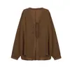 Blusa Leve Wanwei Retrô com Decote V para Mulheres 2026 Novo Estilo de Verão Gola com Renda e Amarra Camisa de Linho com Proteção Solar 6729