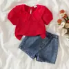 Ropa para Bebés Niñas 0-3 Años Verano Manga Abullonada Cuello de Muñeca Top + Pantalones Cortos de Mezclilla En Stock