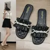Sandalias Planas Antideslizantes Estilo Hada para Mujer, Nuevas de Verano 2025 Estilo Francés con Volantes de Perlas Slip-Ons