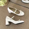 Zapatos planos Mary Jane de punta redonda para commuting para mujer, tacones altos con lazo discreto, dulce diseño de hebilla para el trabajo, versátiles 2026