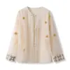 Nova Camisa de Renda Bordada Cor de Damasco Estilo Chinês de Outono com Toque de Luxo Leve, Blusa de Seda M3107