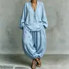 [En stock] El más vendido estilo casual elegante holgado cuello en V algodón-lino manga abullonada conjunto de dos piezas para mujer