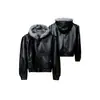 Chaqueta de Cuero Negra con Capucha Estilo Americano y Cuello de Piel, Engrosada y Forrada de Felpa para Hombre, Abrigo de Algodón de Invierno, Fresca y Elegante