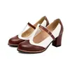 Elegantes zapatos Mary Jane con ribete de encaje de comercio exterior, zapatos con tira en T de color bloqueado, zapatos de tacón alto grueso poco profundos, talla 40-44 zapatos de mujer talla grande
