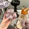 Laço de Fita Exquisito para Cabelo, Scrunchie Rosa Ultra-Fada com Flor em Botão Roxa, Elástico de Cabelo de Rede para Rabo de Cavalo, Elástico de Cabelo