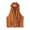 Roupas Femininas Novas de Verão Europeias e Americanas, Estilo Casual, Costas Nuas, Sem Mangas, Gola Alta, Design Plissado, Design de Botões Duplos, Top Colete