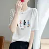 Verano Nuevo Estilo Tejido Manga Corta Mujer Cuatro Chicas Bordado Bambú Lino Cuello Redondo Top Camiseta Hombro Derecho Casual Media Manga Mayoreo