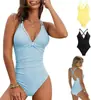 Nuevo traje de baño de una pieza sexy de estilo europeo y americano, color liso, con pliegues para ceñir la cintura, efecto reductor y para ocultar el abdomen, traje de baño para vacaciones para mujer