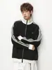 Moletom Cardigan com Textura de Listras Verticais Color-Blocked para Homem, Temporada de Primavera, Textura Pesada, Gola Alta, Caimento Solto, Jaqueta Casual Esportiva