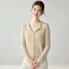 Cardigã de tricô 100% caxemira pura, corte slim, para mulheres, decote V, mangas compridas, casual, versátil, peça de outer wear de abotoar para outono/inverno