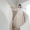 Vestido de Noiva Branco, Vestido Longo Tomara que Caia com Mangas Bufantes, Elegante e Sofisticado, Adequado para Banquetes, Estilo Outono, Tule e Organza