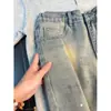 Calça jeans masculina estilo retro americano com respingos de tinta e efeito desgastado, calça de perna reta levemente alargada, tendência de primavera, lavagem vintage
