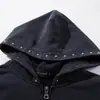 Sudadera con capucha retro americana desgastada para hombre, corte holgado, diseño punk moderno con remaches, camiseta deportiva con capucha