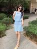Traje casual de moda estilo Chanel azul para mujer, Verano 2026, Elegante y de alta gama, Conjunto de dos piezas de punto de seda helada