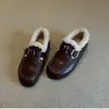 Versión de Piel de Vaca ~ Mocasines Retro con Suela Plana y Forro de Felpa, Nuevos Zapatos Pequeños de Cuero Versátiles para Otoño e Invierno, Zapatos de Moda de una Pieza de Lana