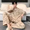 Pijama de Algodón Puro para Hombre, Cárdigan de Primavera y Otoño, Pantalones de Manga Larga, Ropa de Casa Sencilla Casual Estilo Coreano, Traje Holgado de Talla Grande