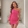 Vestido Elegante de Un Hombro de Manga Larga de Venta Caliente Transfronterizo Europeo y Americano Vestido Europeo y Americano de Fiesta Sexy Negro Ajustado que Abraza las Caderas Falda Corta para Mujer