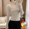 Camiseta Feminina Trendy Niche com Decote U e Manga Longa, Primavera e Outono, Blusa Básica Curta, Ajuste Slim, Top Versátil