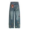 Calça Casual Reta Bordada da Hello Kitty Fofa para Mulheres 2025 Novo Outono Solta de Perna Larga Jeans Versátil
