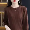 Top de tricô canelado com gola redonda em algodão puro, novo estilo outono, moda coreana, blusa básica estilosa, de manga curta, soltinha, cor sólida para mulheres